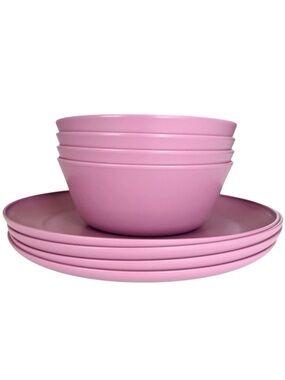 8 Piece Plastic Set 4 Plates 4 Bowls Pink Raspberry